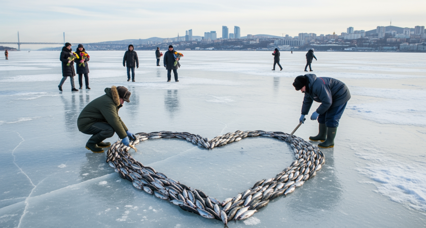 Приморские рыбаки выложили сердце из селёдки на льду к 8 Марта