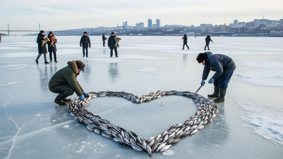 Приморские рыбаки выложили сердце из селёдки на льду к 8 Марта