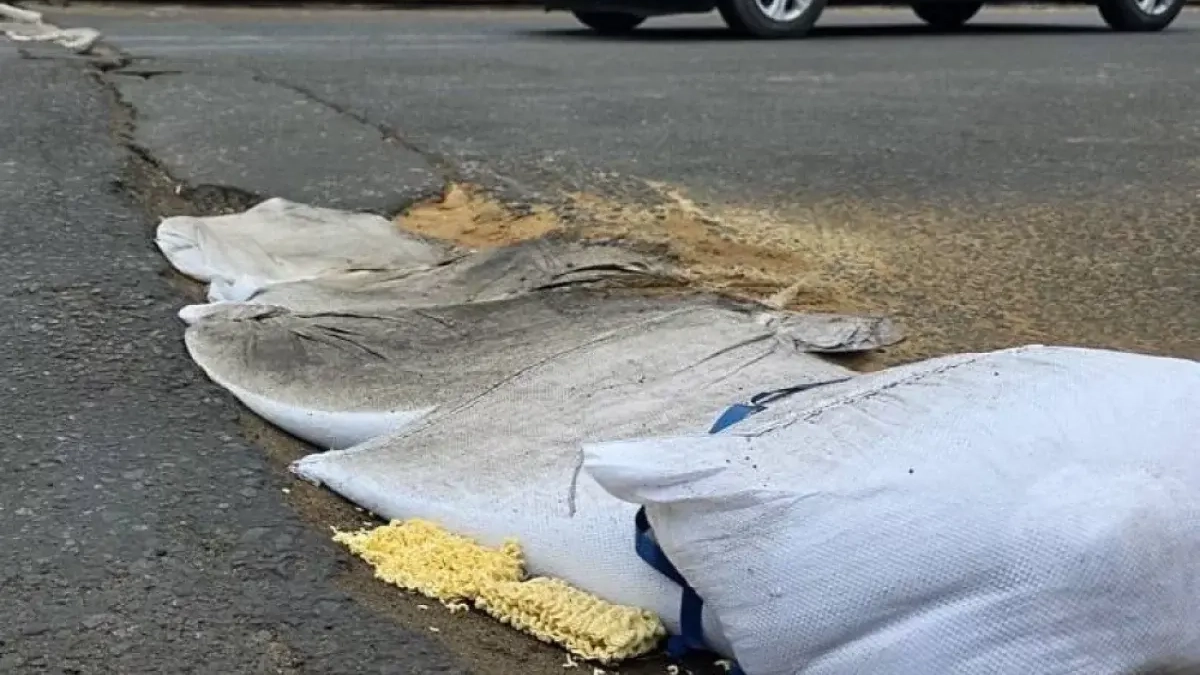 Владивостокцы засыпали яму на мосту песком и брикетами лапши