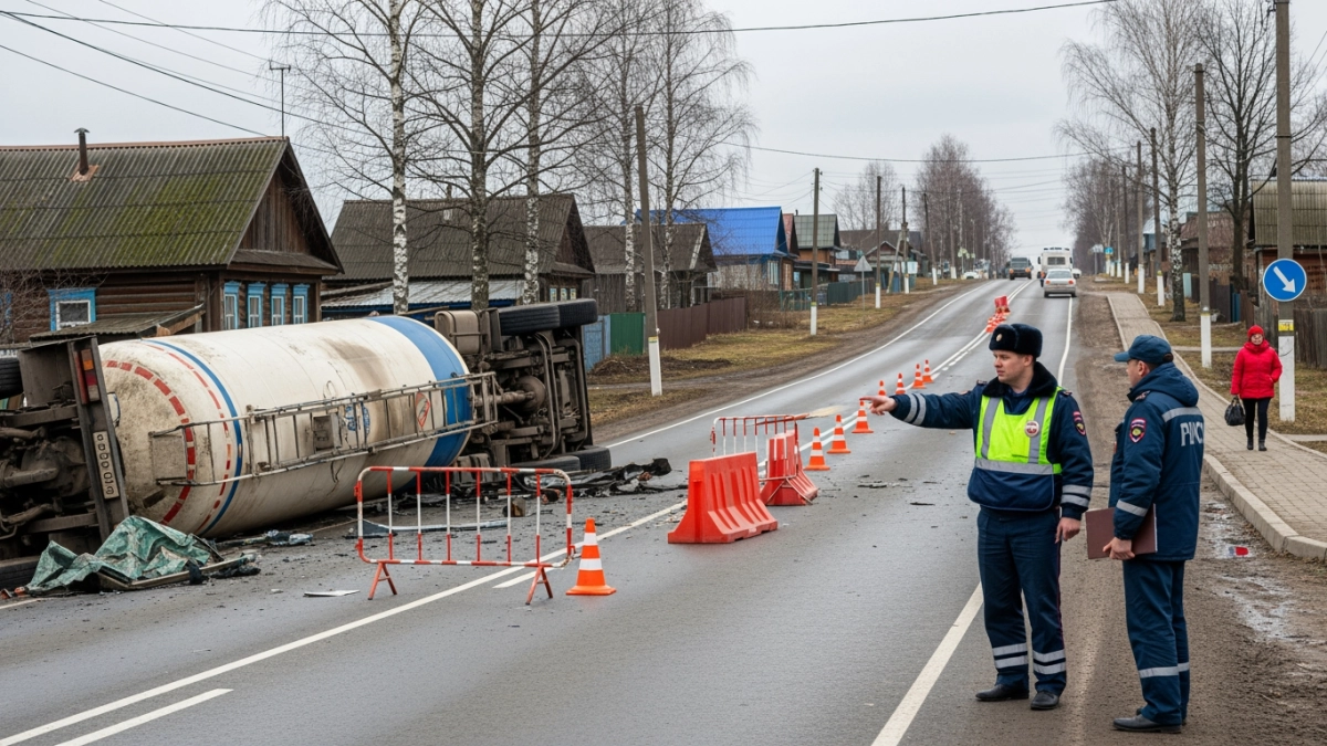 Китайский газовоз снёс блоки и перевернулся на трассе в Приморье