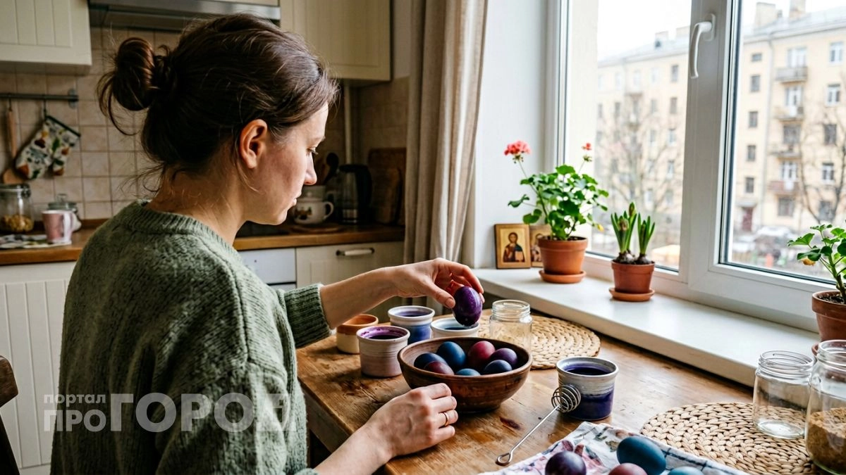 Достаю из морозилки горсть черники и через час снимаю с плиты пасхальные яйца глубокого аметистового цвета