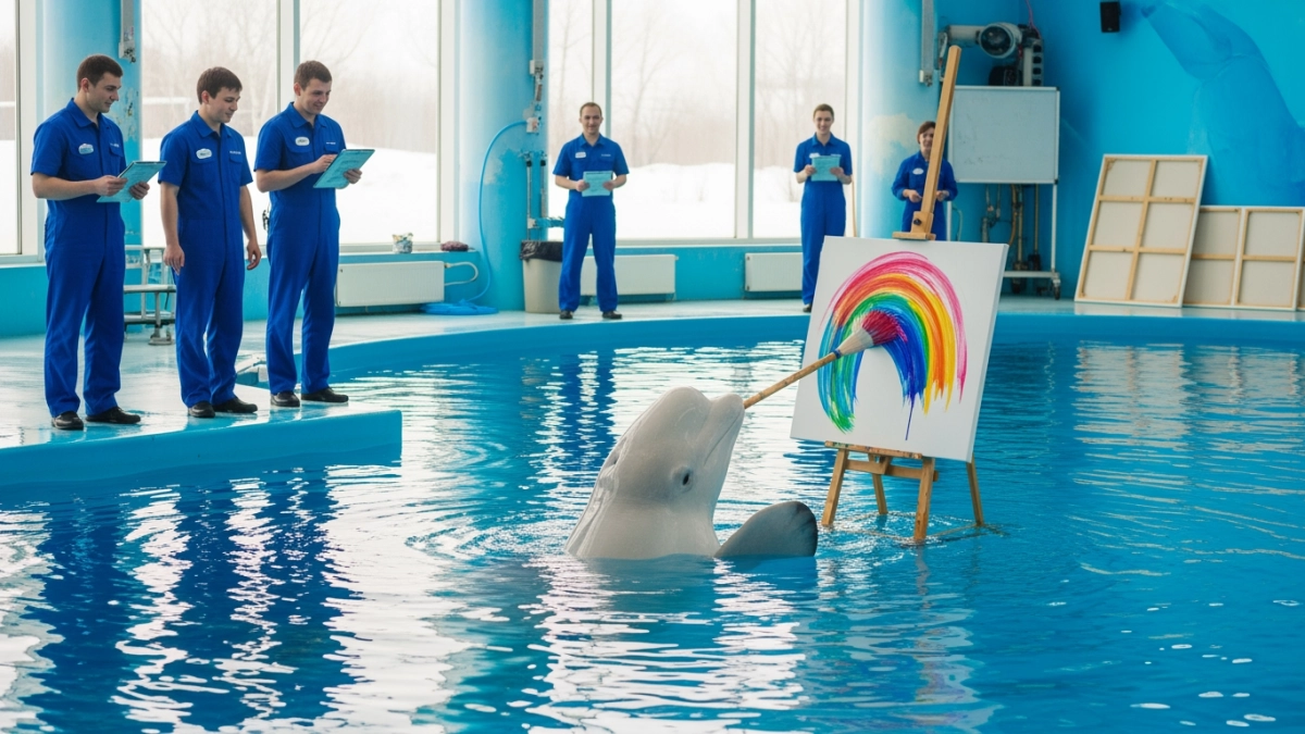 Белухи Приморского океанариума напишут Тотальный диктант красками на холсте