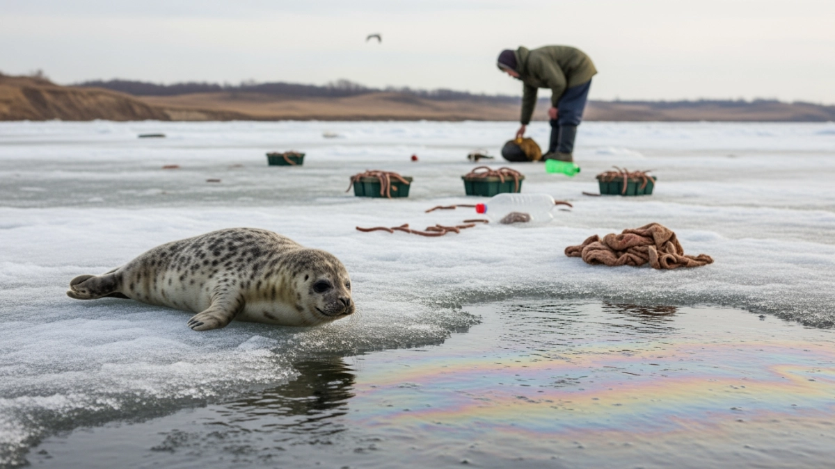 Нефтяная плёнка от зимней рыбалки угрожает новорождённым тюленям в Приморье