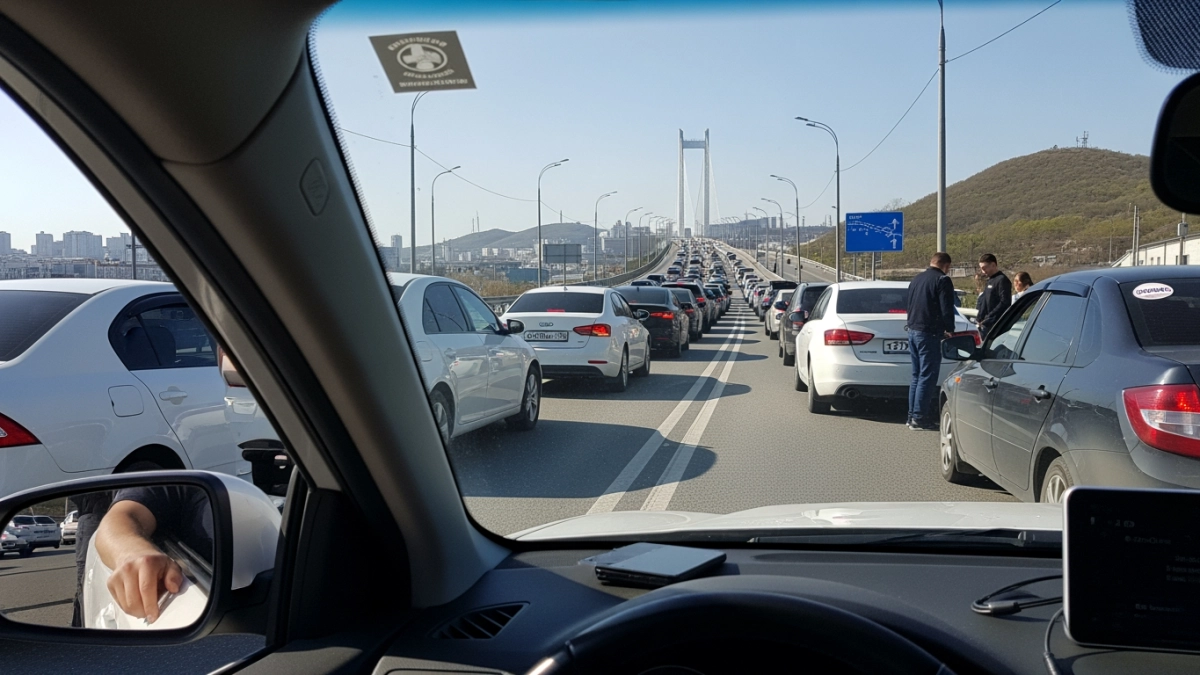 Ремонт теплосетей превратил поездку на Русский остров в многочасовую пробку