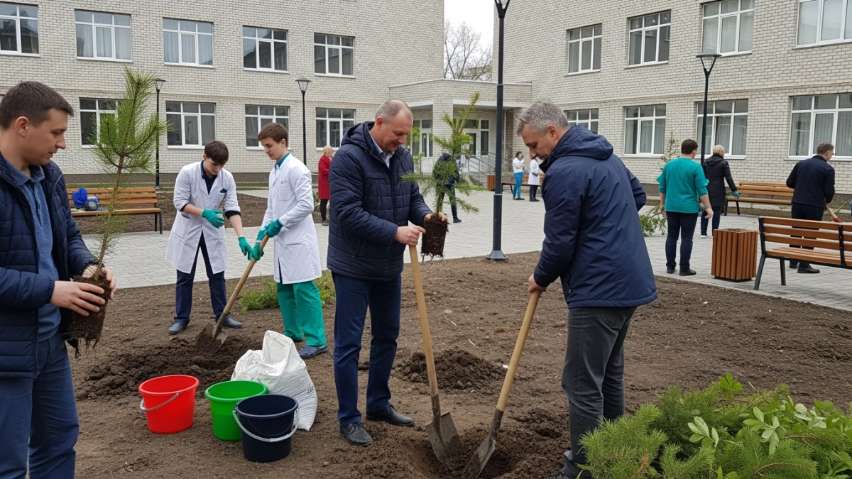 Герой России и губернатор высадили деревья у поликлиники, открытой Путиным