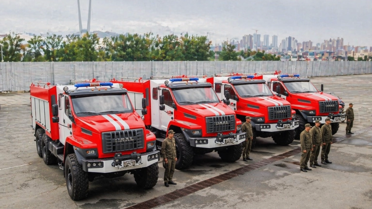 В пожарные части Приморья передали четыре новых автомобиля Урал