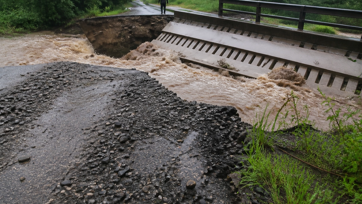 В Приморье поток воды смыл мост к Слинкино и отрезал проезд