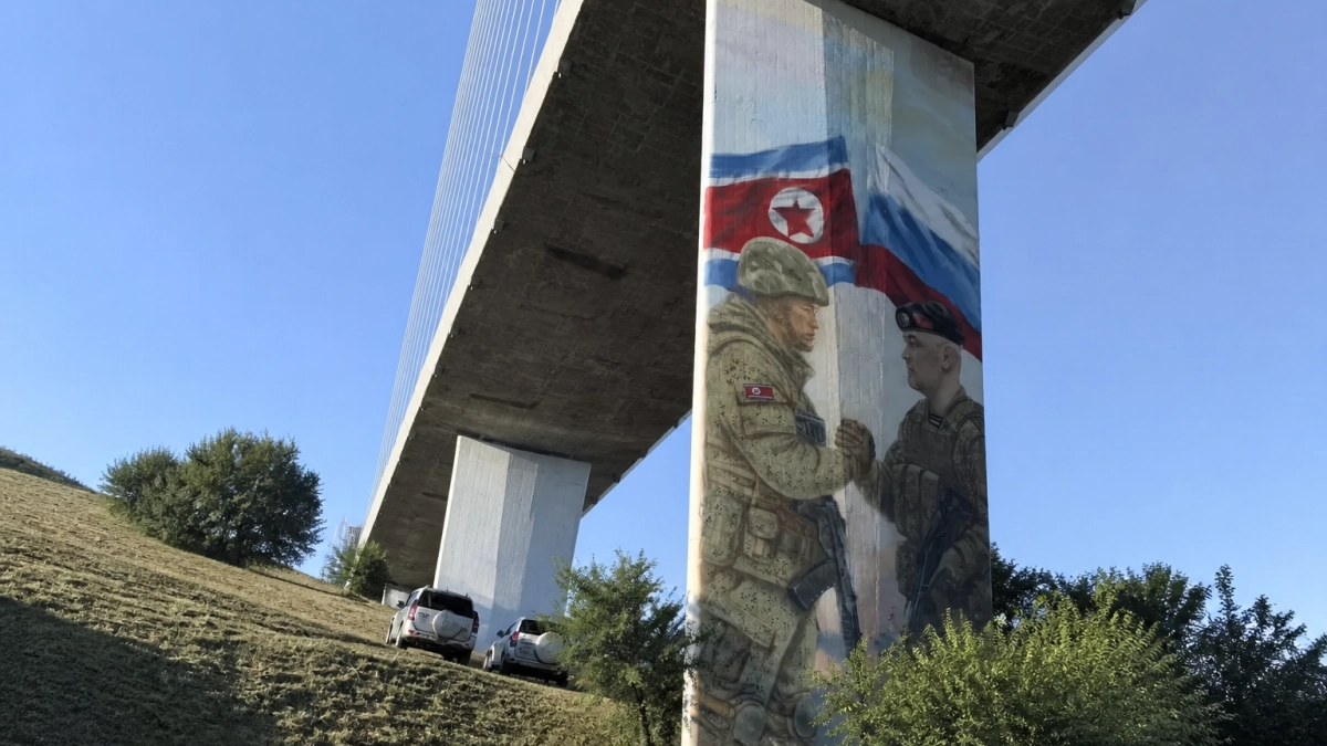 На Золотом мосту во Владивостоке появился мурал с морпехом РФ и бойцом КНДР