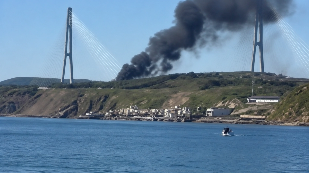 У Русского моста во Владивостоке поднялся густой чёрный дым и быстро исчез
