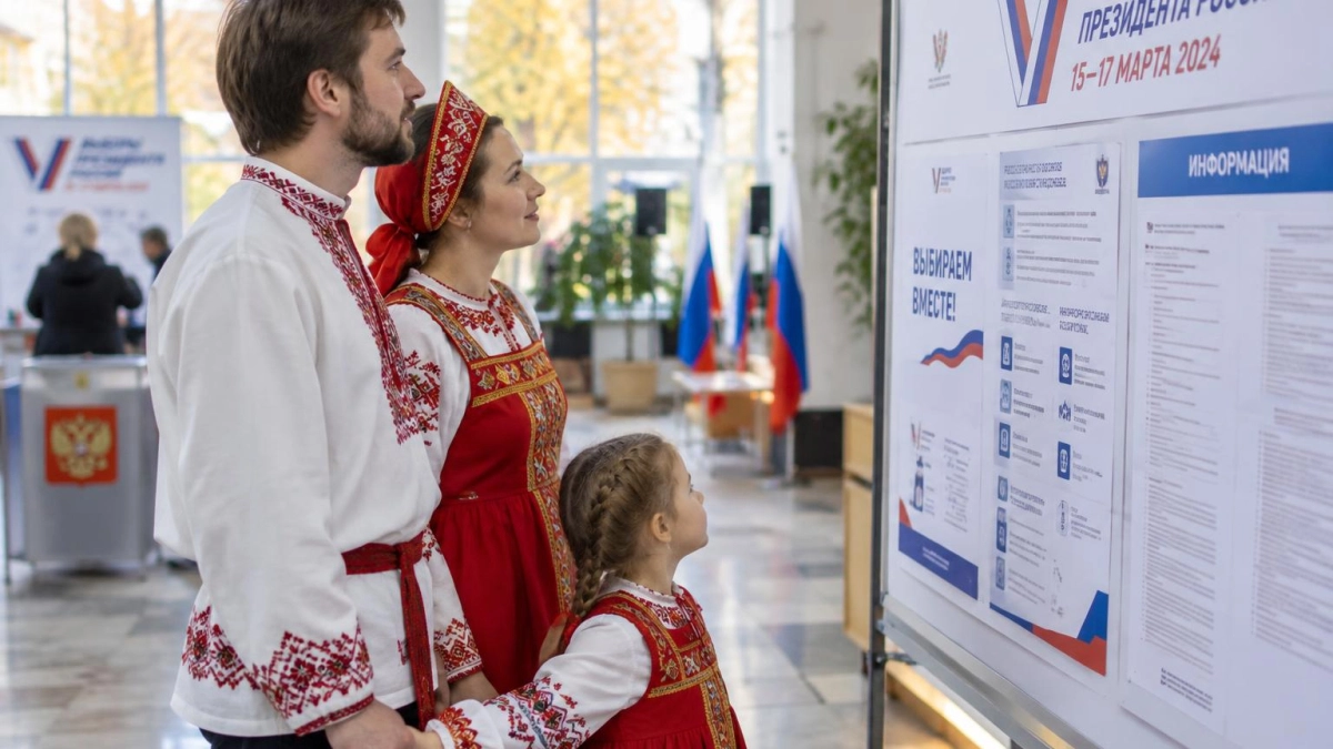 Семья в народных костюмах пришла на выборы в Фокино всей семьей
