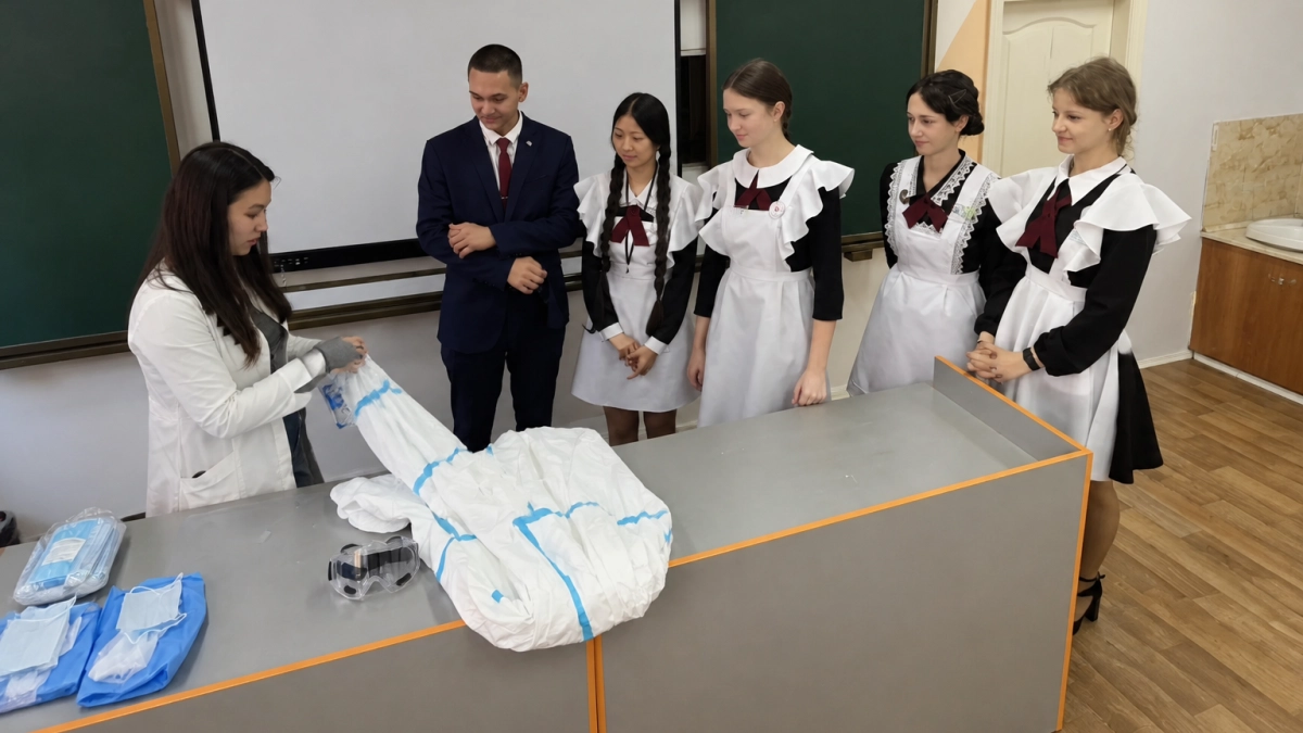 Школьники Уссурийска примерили защитные костюмы на уроке по эпидемиологии и гигиене
